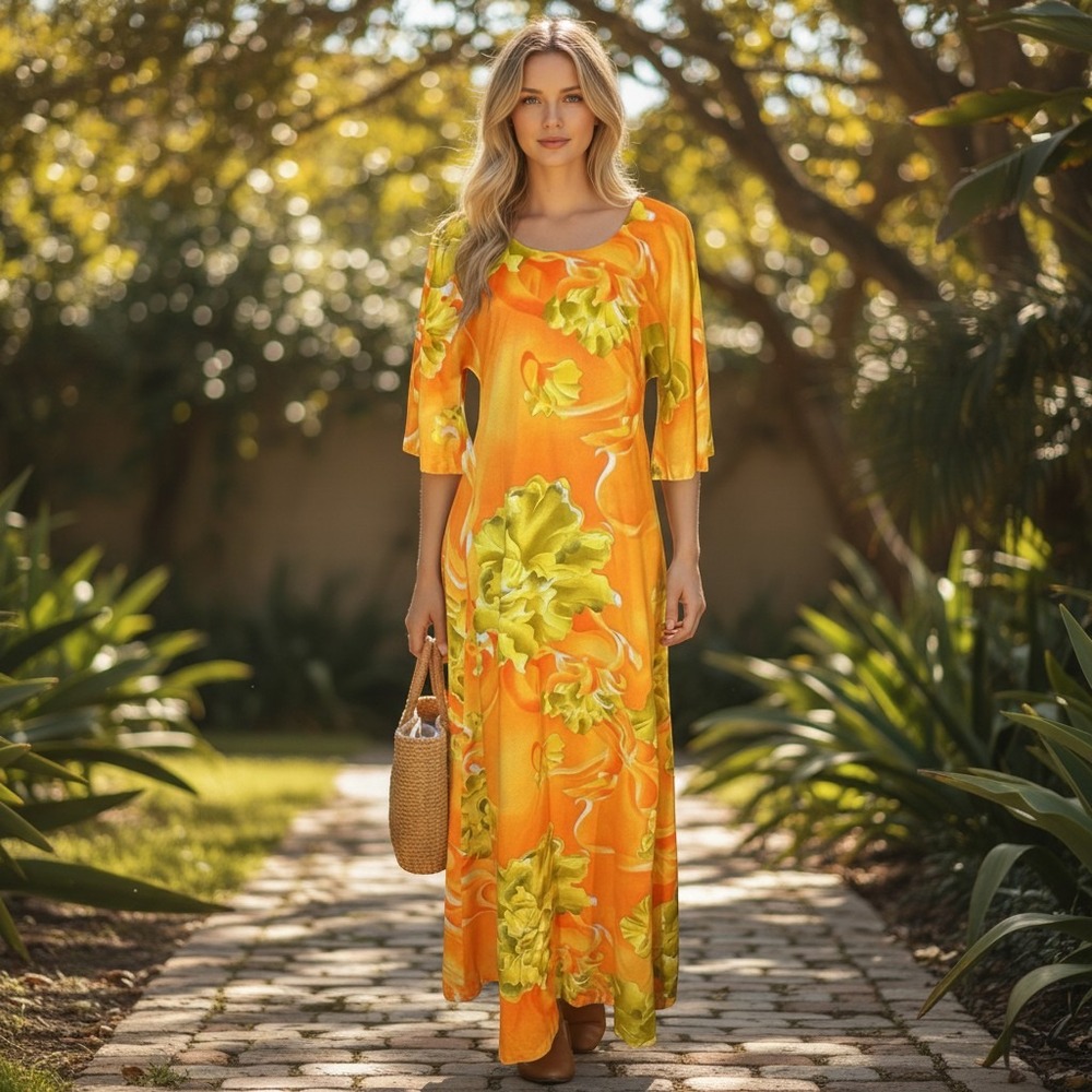 Vintage Two Potato Laguna Beach Psychedelic Mod Maxi Dress Floral Hawaiian Small
